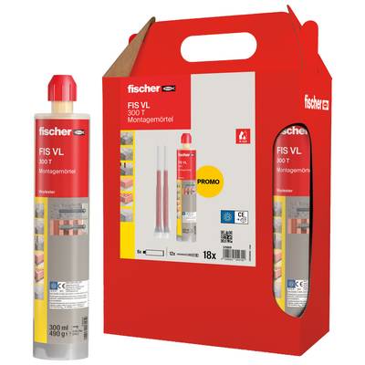 Fischer FIS VL 300 T mounting mortar promo package with cartridge and mixing nozzle, shown beside the red product box.
