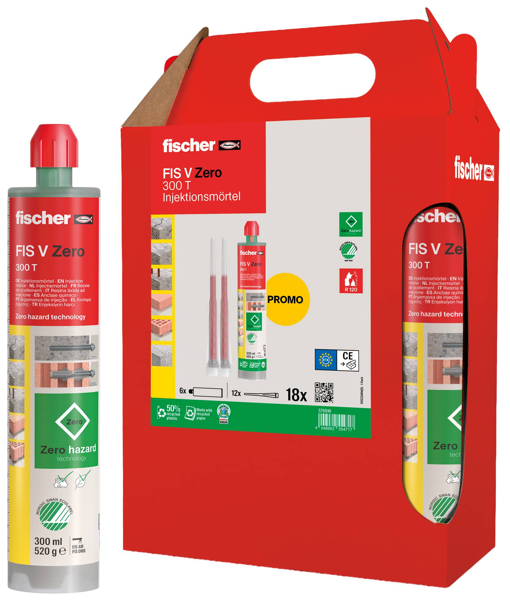 Fischer FIS V Zero 300 T injection mortar kit in red box with one cartridge and promo label.
