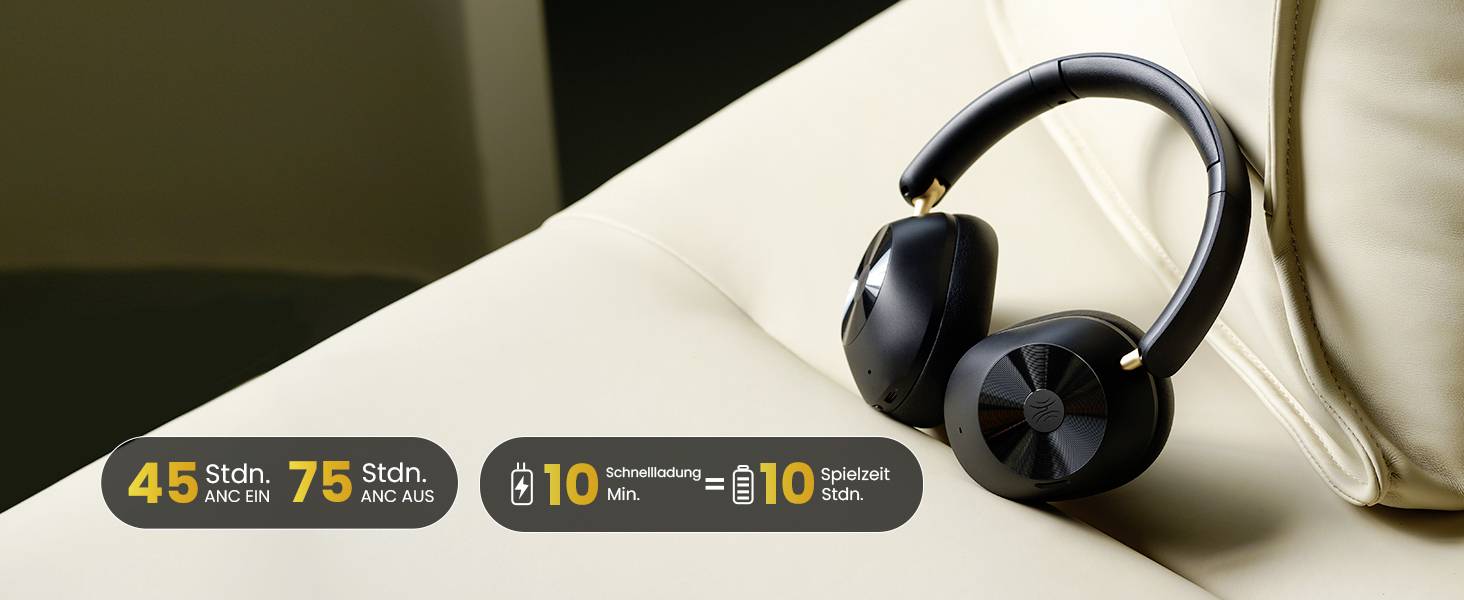 Wireless black headphones on a beige sofa. Text: '45 hrs ANC ON, 75 hrs ANC OFF, Quick charge 10 mins = 10 hrs playtime'.