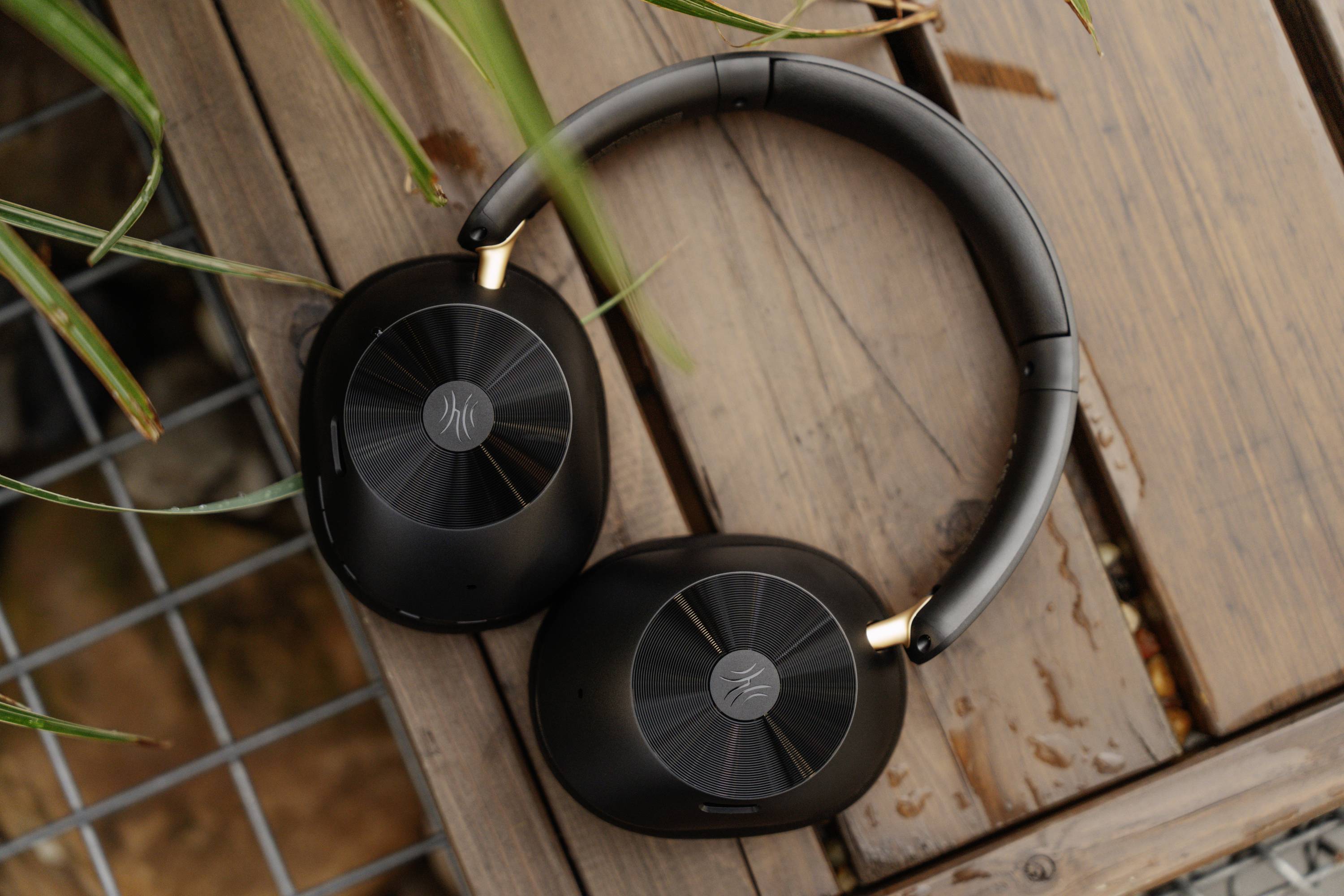 Black wireless headphones lie open on a wooden bench, surrounded by plants. They have a modern design with round ear cups.