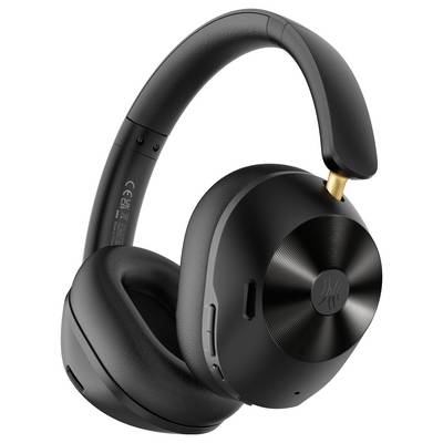 Black over-ear headphones with polished ear cups and a padded headband. Modern design with controls on the side.