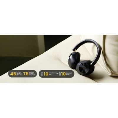 Wireless headphones on a light sofa. Text on the image: '45 hrs ANC ON', '75 hrs ANC OFF', '10 Min Quick Charge = 10 hrs Playtime'.