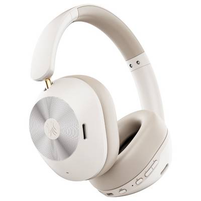 White over-ear headphones with a silver accent, featuring rotatable ear cups and visible control buttons on the side.