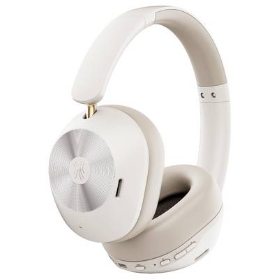 Wireless headphones in cream colour with padded ear cups and silver accent on the speakers, side view.