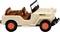 Toy car in the style of a light brown Jeep with an open top, two brown seats, and red wheels.