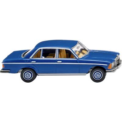 Blue model car of a classic four-door vehicle with silver details and black tyres, side view.
