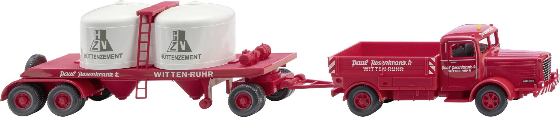 Red toy model of a lorry with a trailer, labelled with 'Josef Dewichert, Witten-Ruhr'. The trailer carries white tanks.