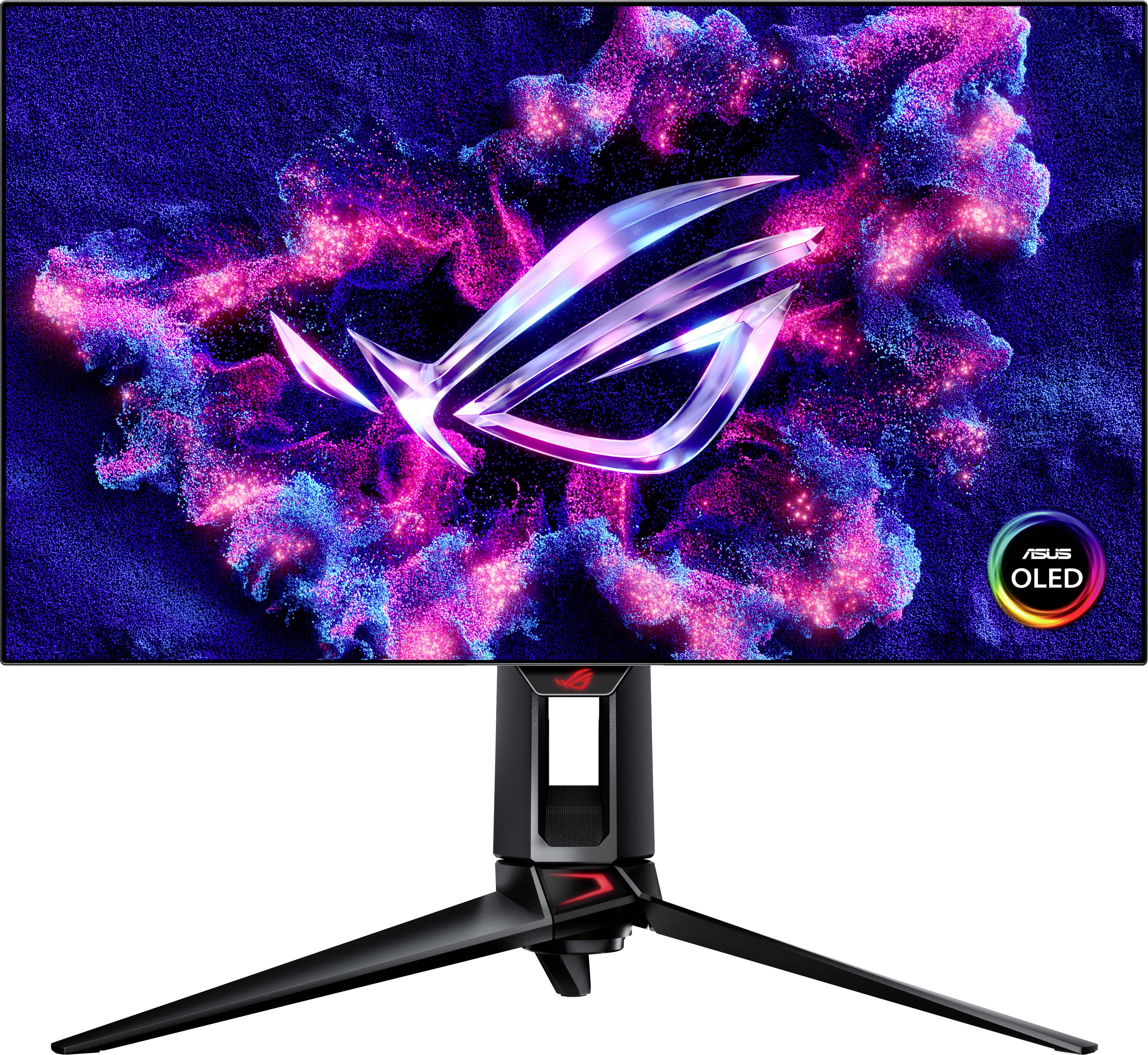 A gaming monitor with a glowing ASUS ROG logo on the screen against a colourful, abstract background.