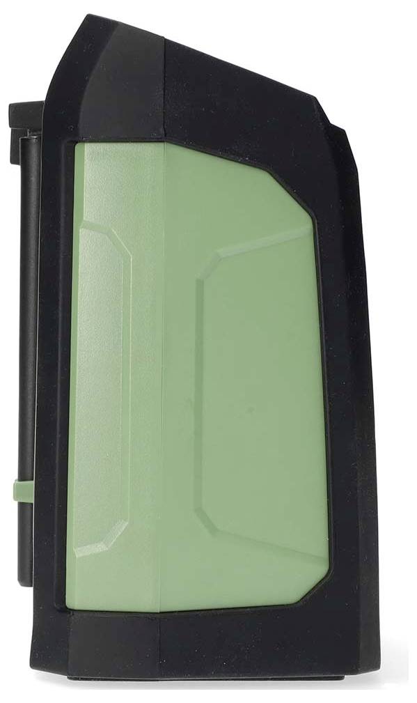 Black and green plastic casing of an electronic device.