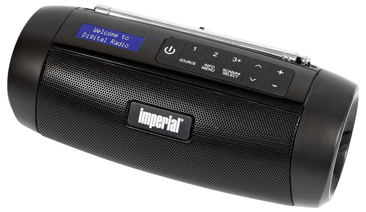 Portable digital radio in black with an LCD display showing 'Welcome to Digital Radio'; includes control buttons and speaker grille.