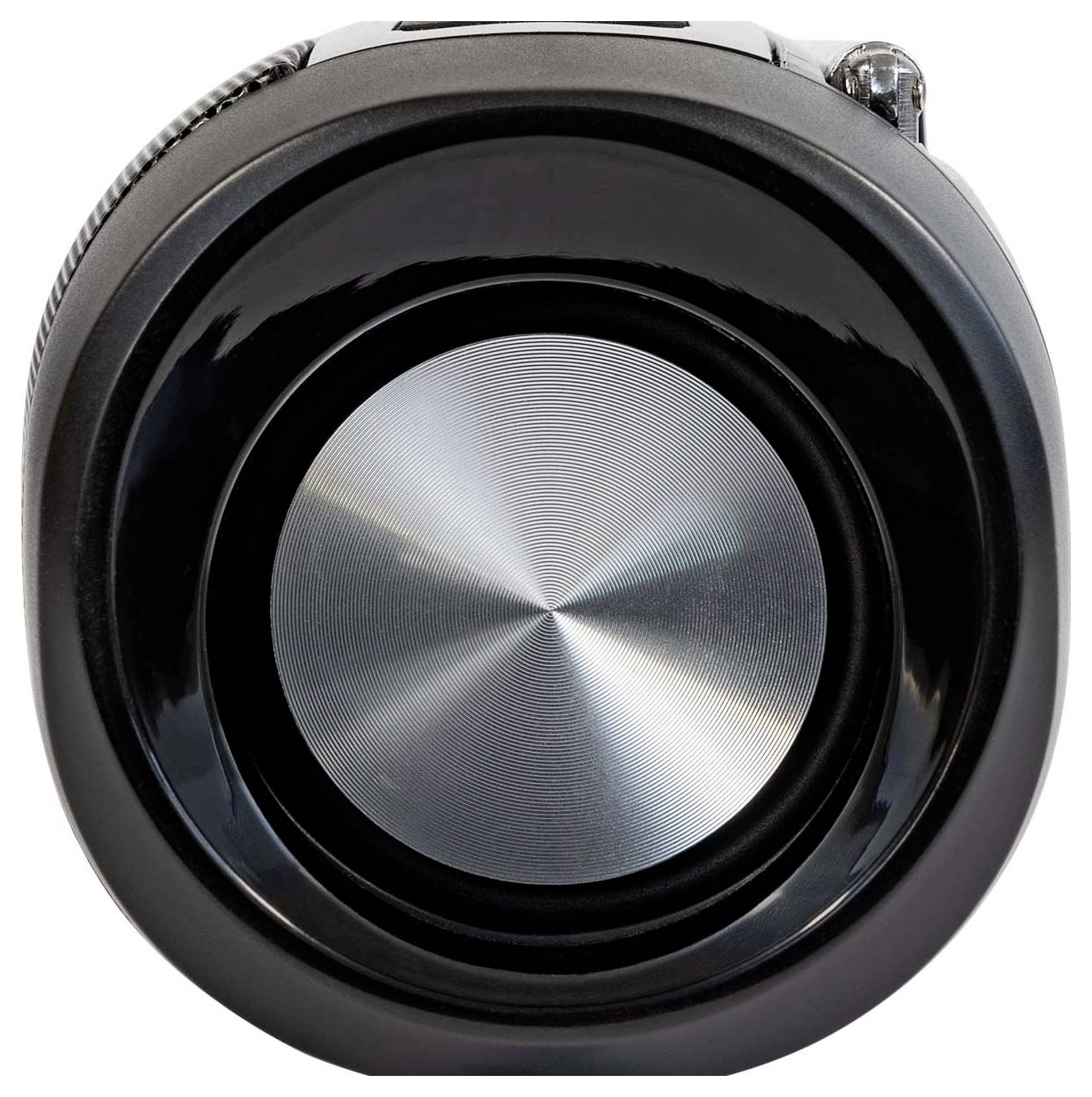 Close-up of a loudspeaker with a gleaming, silver central cone, surrounded by a black frame.