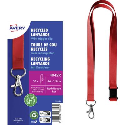 'Recycled Lanyards with Trigger', includes carabiner, 10 pieces, size 44x1.5 cm, colour Red. Contains safety and recycling guidance.