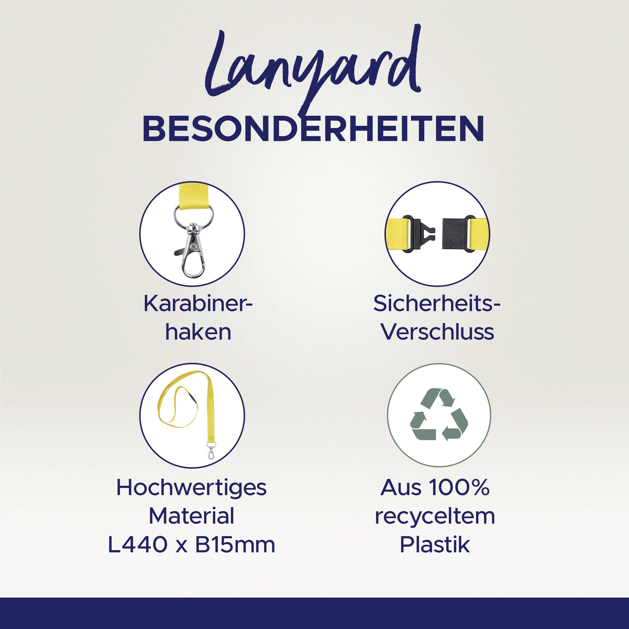 Lanyard with carabiner hook, safety clasp, high-quality, L440 x W15mm, made from recycled plastic.