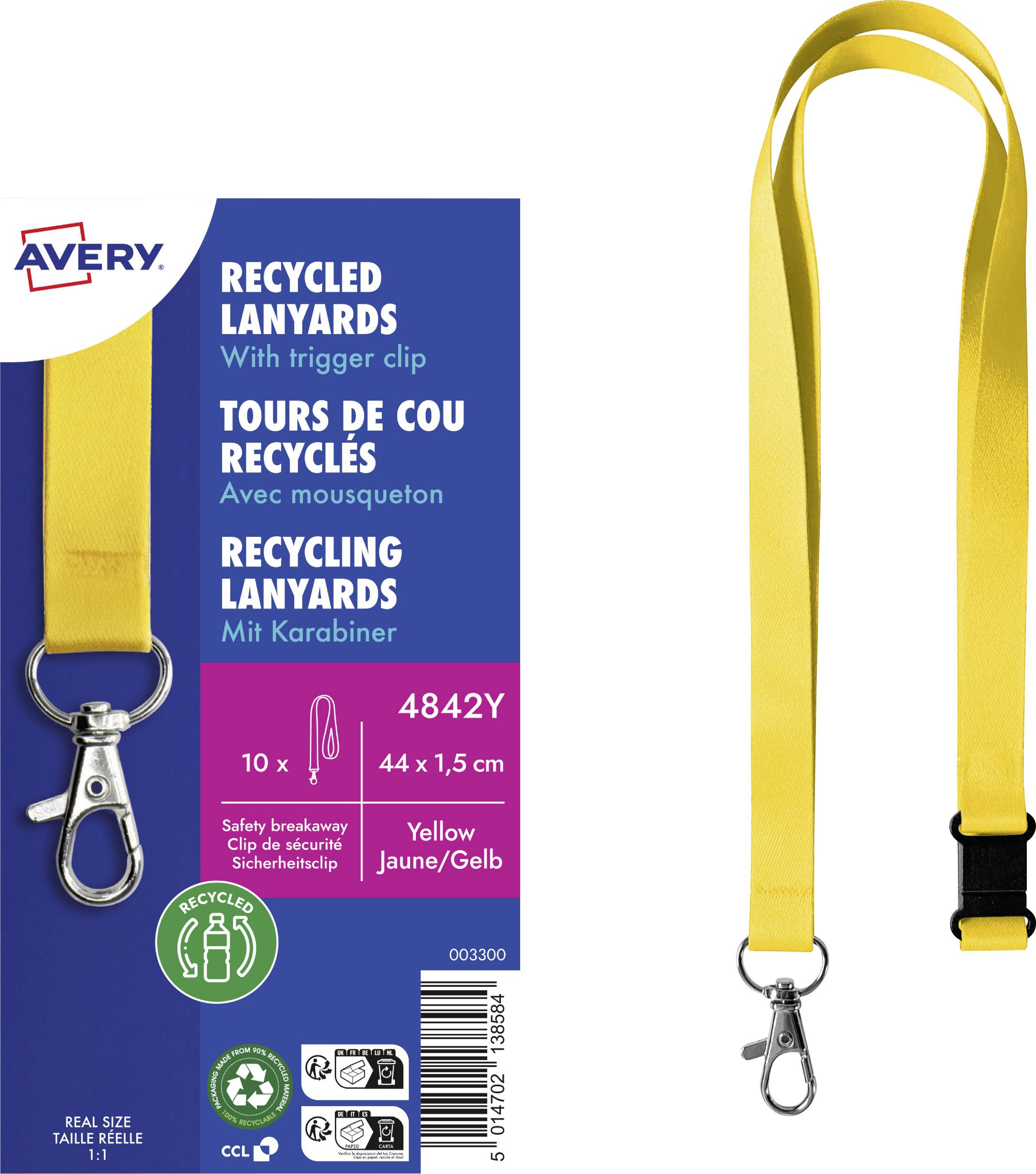 A yellow recycled lanyard with a trigger clip is shown. Packaging states 'Recycled Lanyards', '10x', and 'Safety breakaway clip for security'.