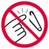 A crossed-out image of a finger with a safety pin means "Do not use" or "Caution".