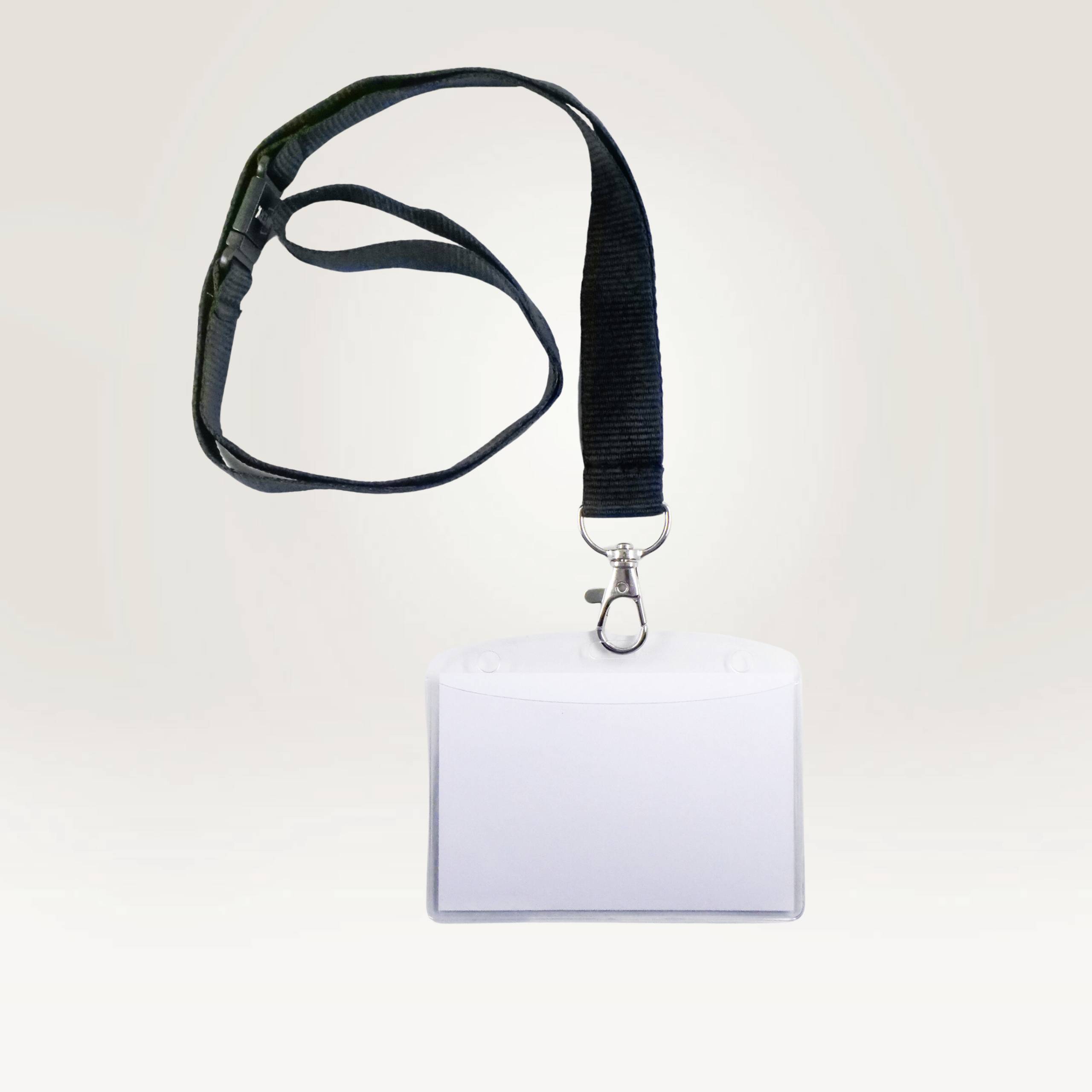 Name badge with a black lanyard. The badge has a white area for entering information or a name.