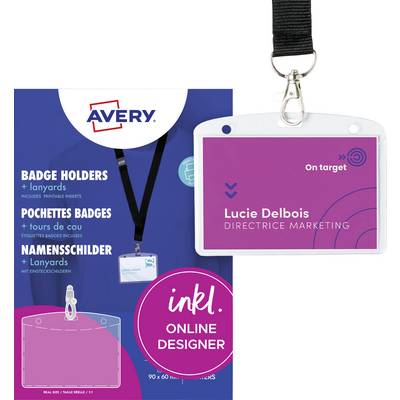 A blue name badge with a lanyard on a shirt. 'Avery' at the top. Text about name badge sets and formatting options.
