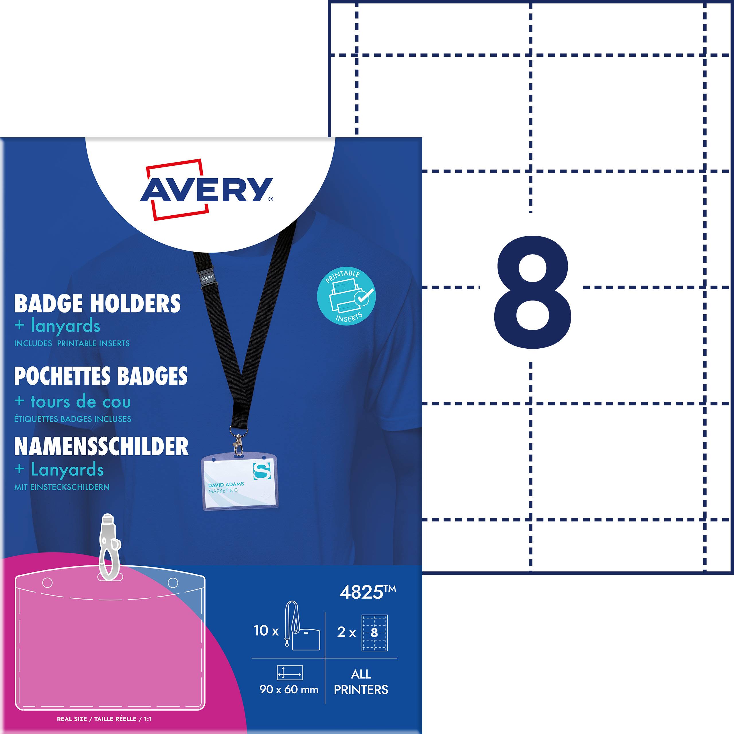 Name Badge Holder Packaging with Lanyards. Contains 10 name badges, size 90 x 60 mm, suitable for all printers.