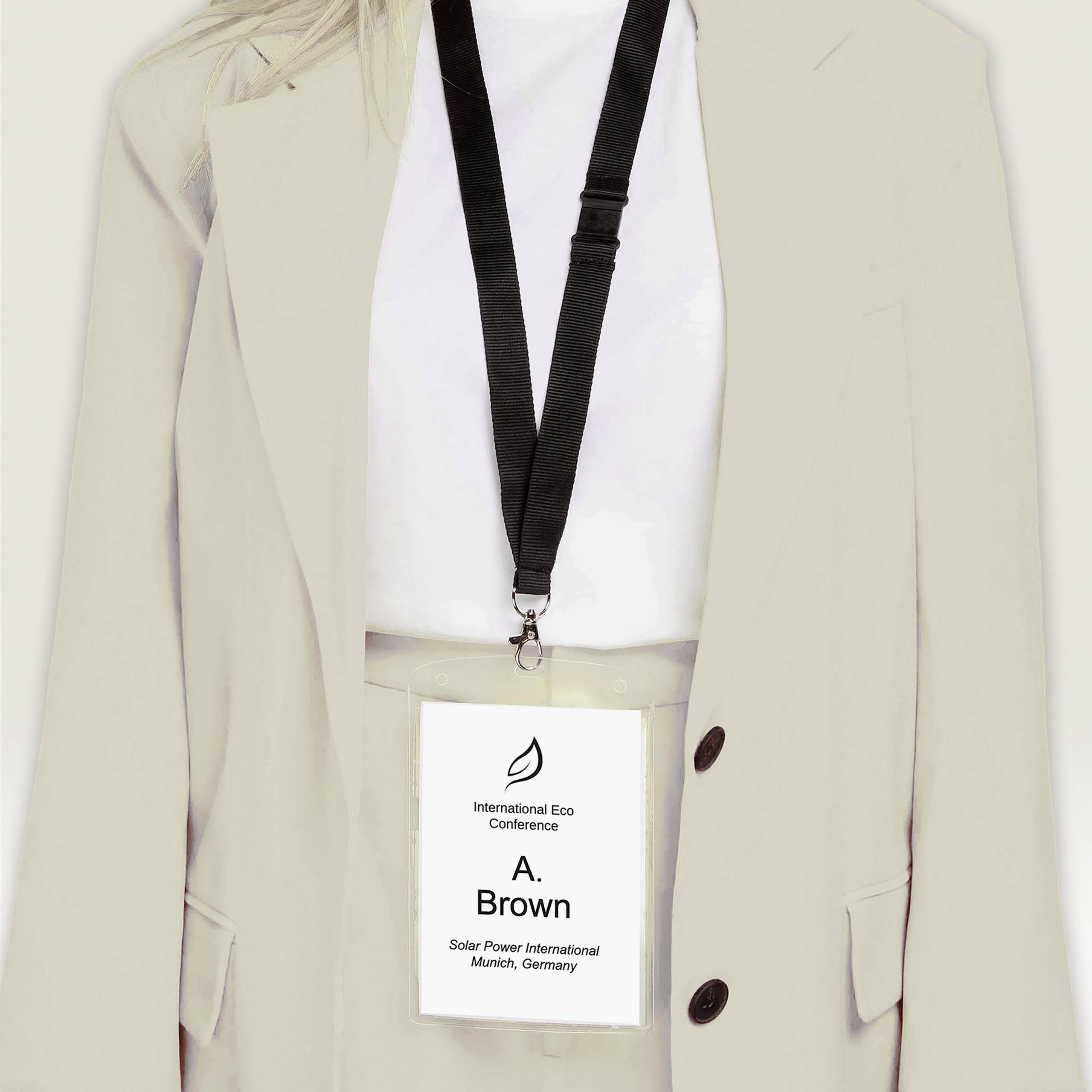 A person is wearing a name badge for the 'International Eco Conference'. Location: Solar Power International, Munich, Germany.