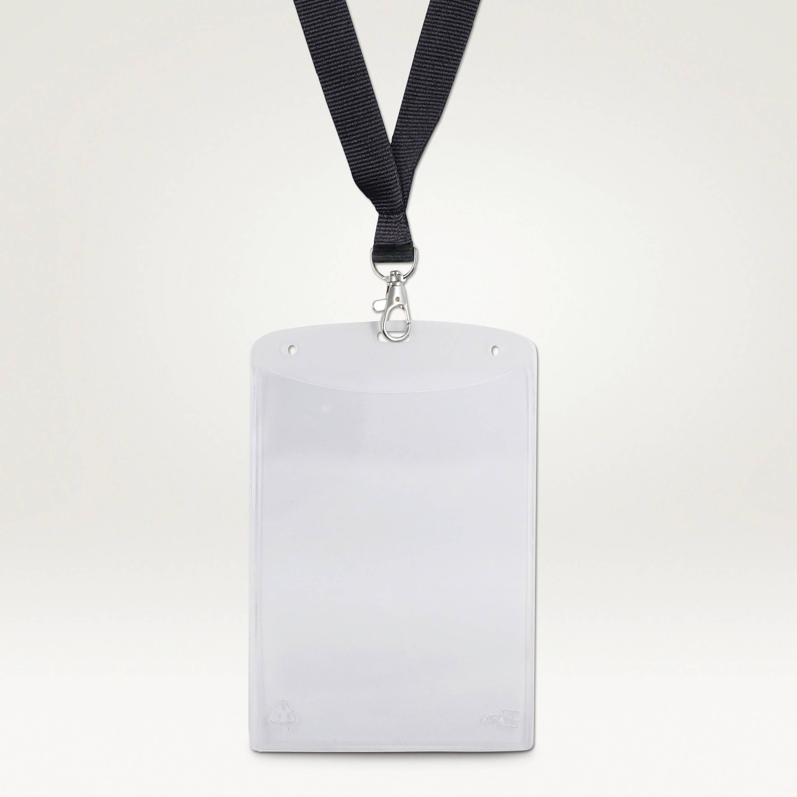 A blank name badge on a black lanyard, ready to be personalised and used at a conference or event.