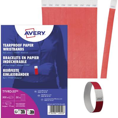 'Label for tear-resistant admission wristbands made from red TYVEK material by Avery. Pack contains 500 pieces. Website: www.avery.eu.'