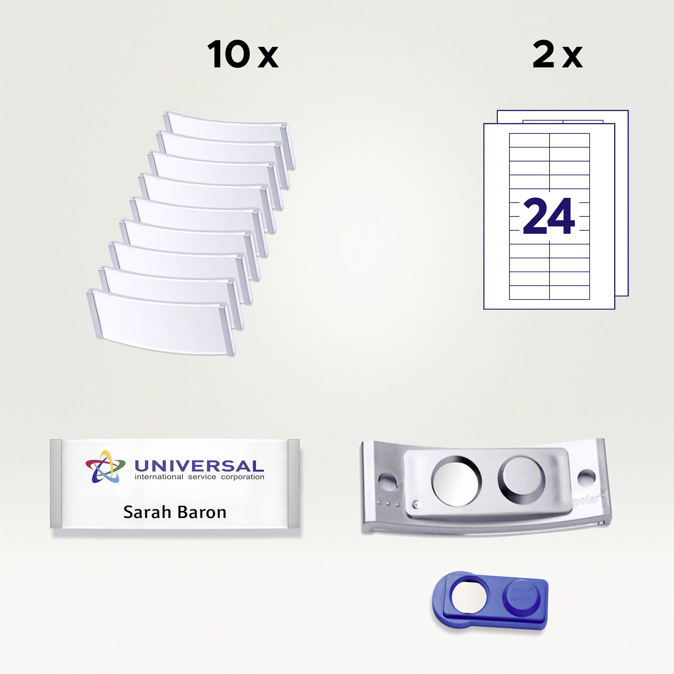 'Image with 10 white name badges, 2 notepads marked '24', a name badge with 'Universal', and a blue magnifying glass.'