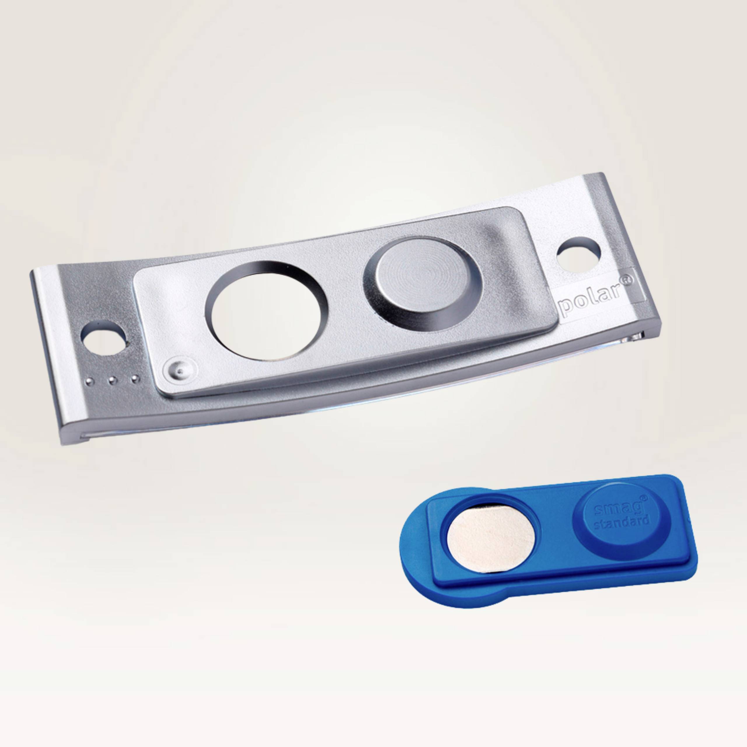 Silver metal padlock with a circular rotating mechanism and blue magnetic key.