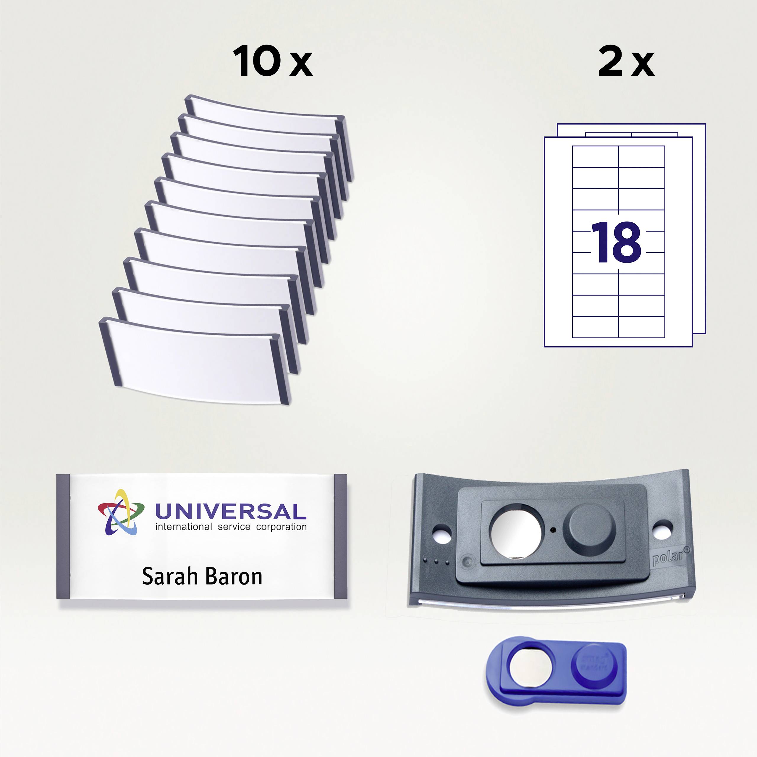 Ten name badges in a stack, two paper inserts with the number '18', a name badge holder, and a blue clip are pictured.