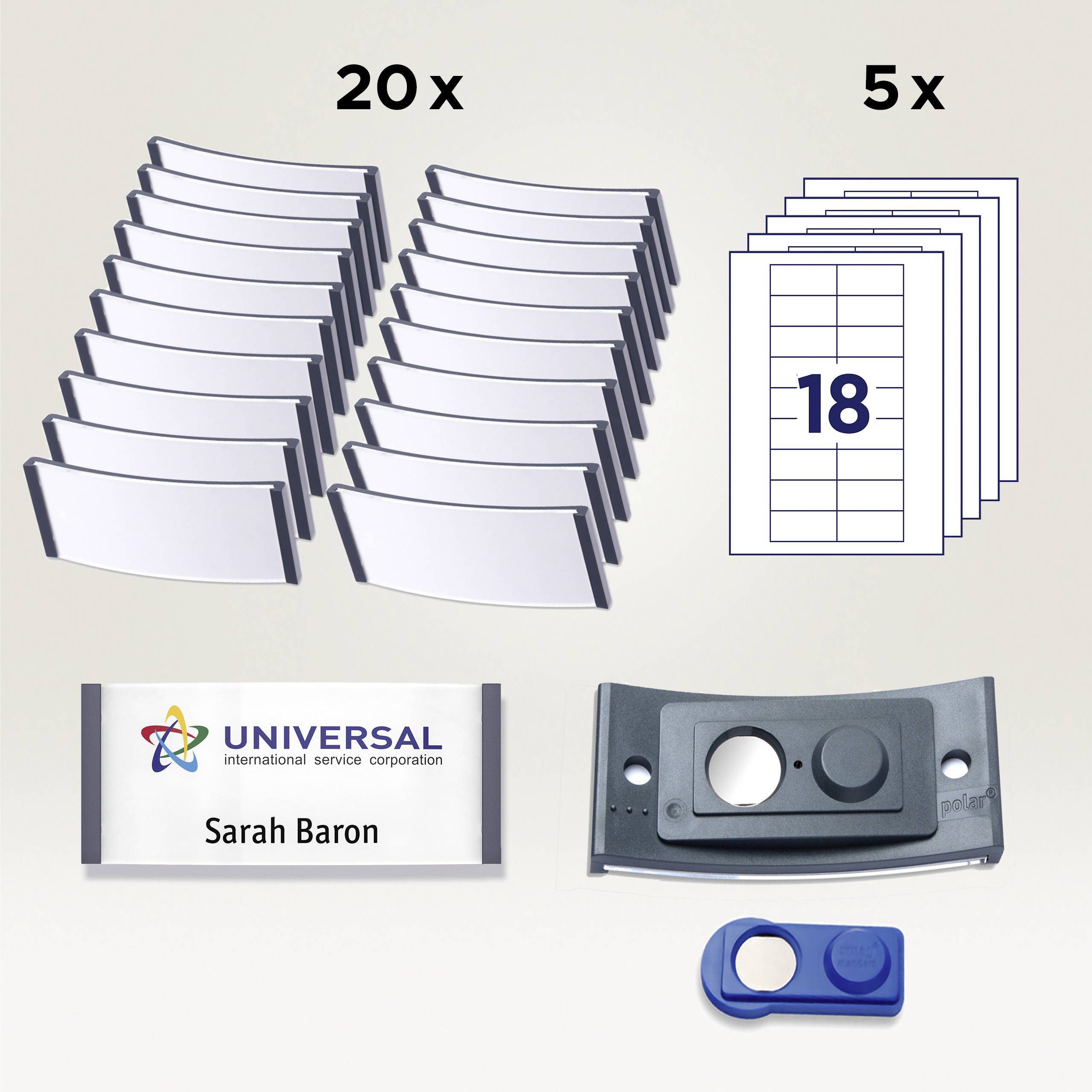 20 curved name badges, 5 cards with '18', a 'Sarah Baron' name badge from Universal, and a device clip.