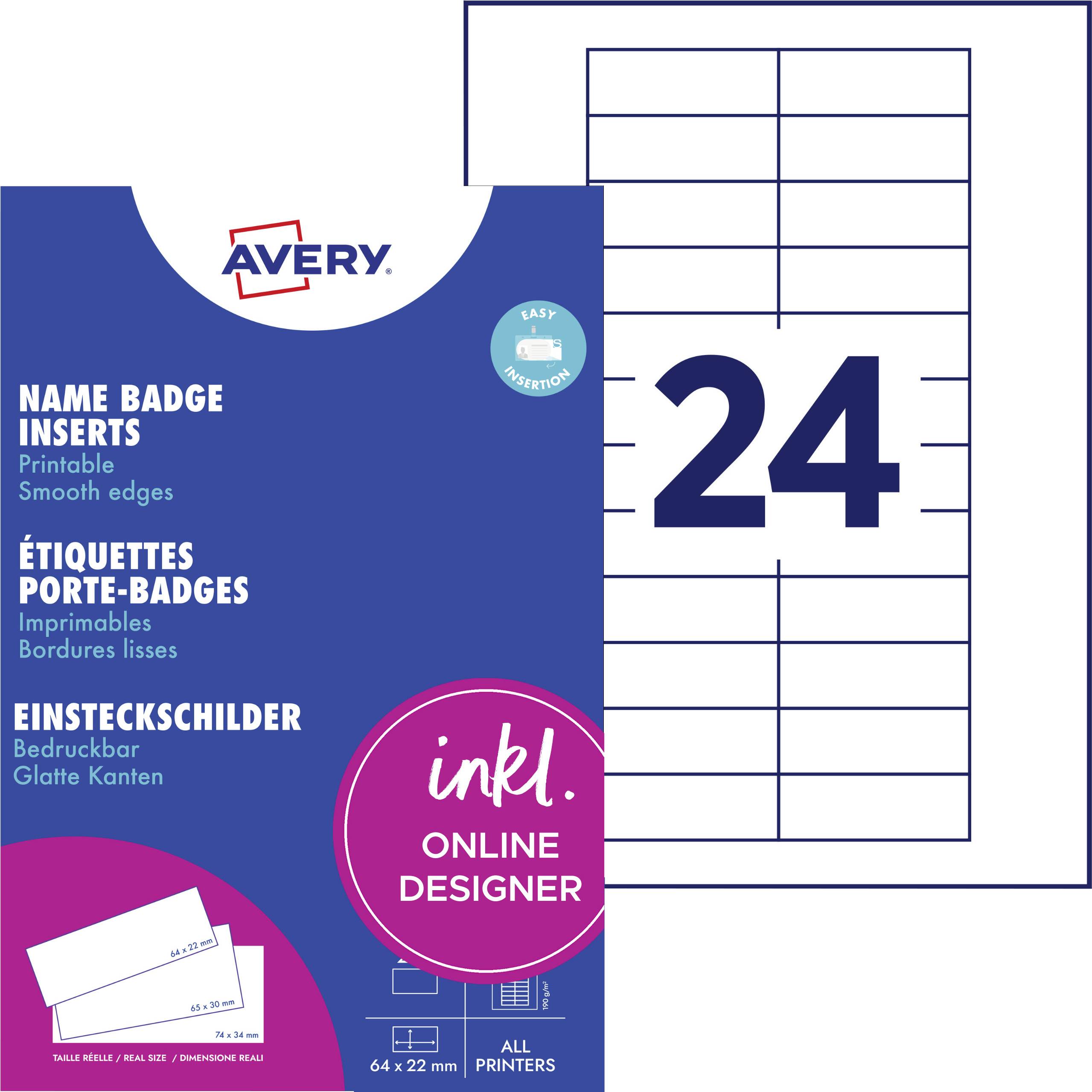 'Avery Name Badge Inserts' packaging with 24 label layout. Labels measure 64x22mm and are compatible with all printers. Smooth edges.