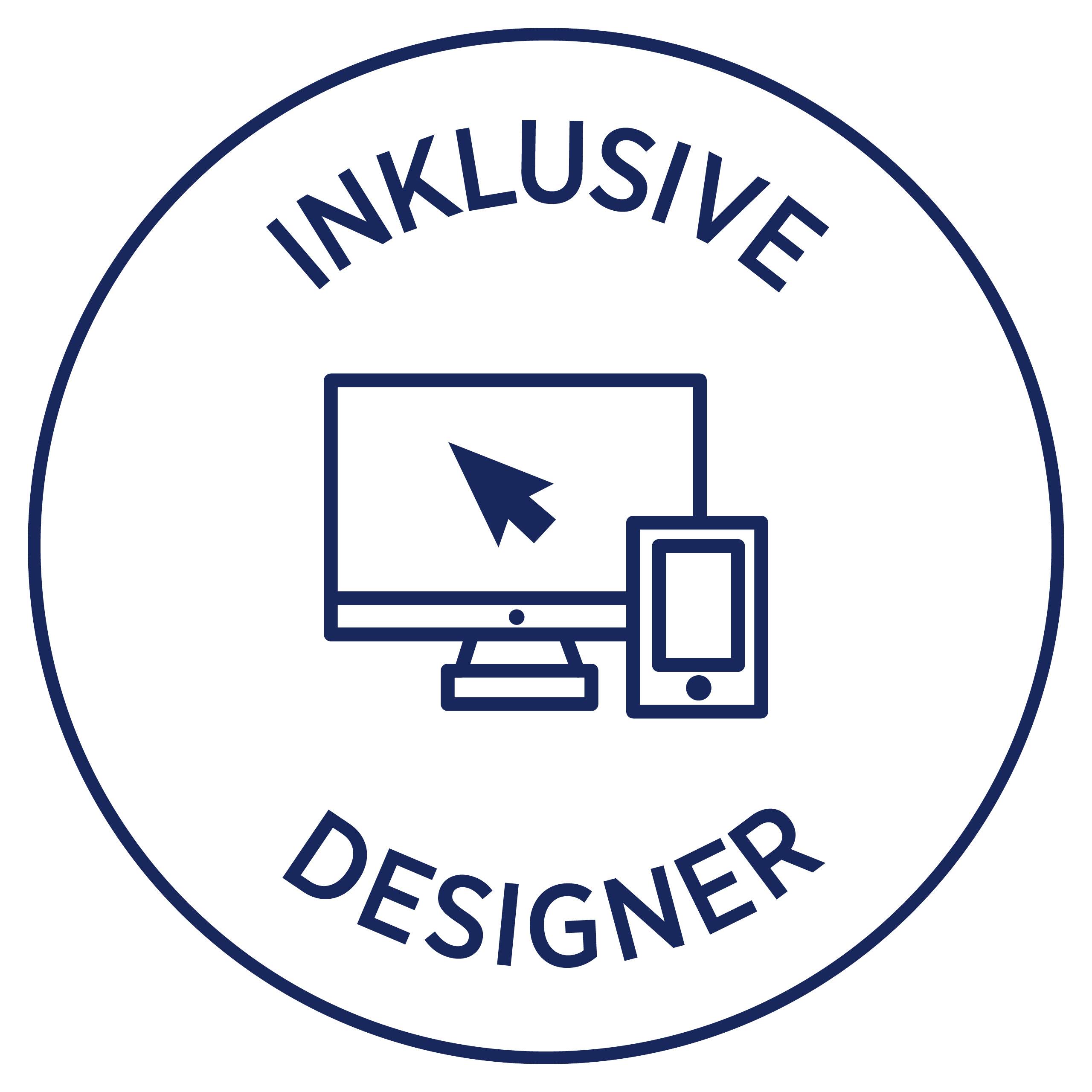 A circle shows a computer and smartphone outline with an arrow. The text reads: 'Inclusive Designer'.