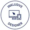 A circle shows a computer and smartphone outline with an arrow. The text reads: 'Inclusive Designer'.