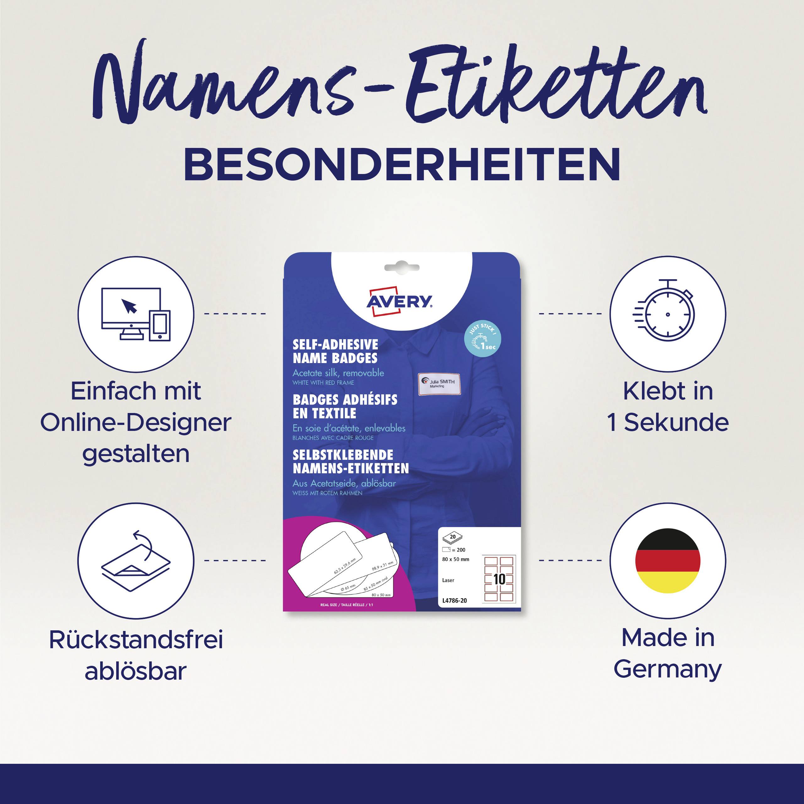 Name Labels Special Features, with text 'Design Simply with Online Designer', 'Residue-Free Removable', 'Sticks in 1 Second', 'Made in Germany'.