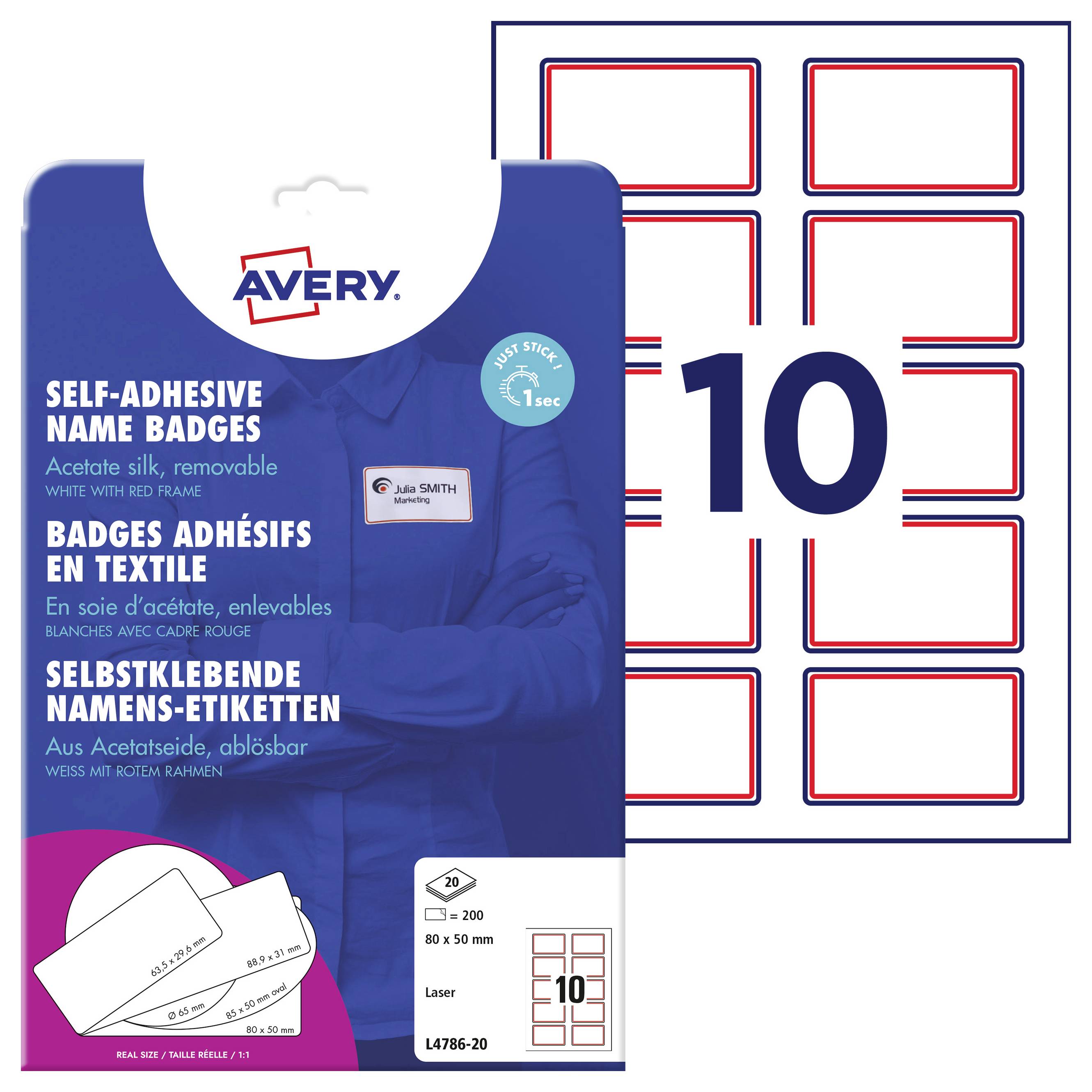 'Avery Self-Adhesive Name Labels. Size: 80 x 50 mm. Contains 200 labels, 20 sheets. Providing easy removable adhesion.'