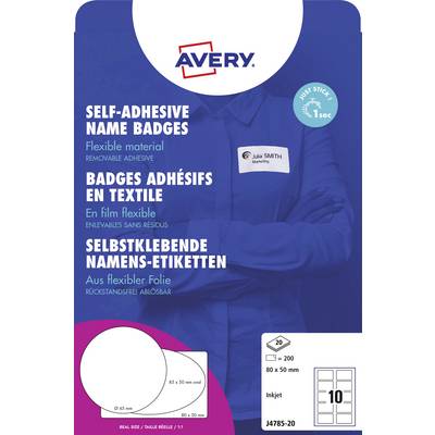 'Avery self-adhesive name badges, flexible material, 10 sheets per pack, includes online designer.' Image shows badge template layout.