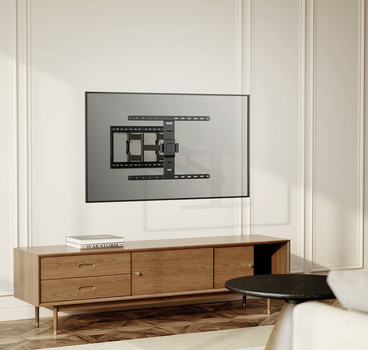 Flat-screen television mounted on the wall above an elegant wooden sideboard in a modern living room.