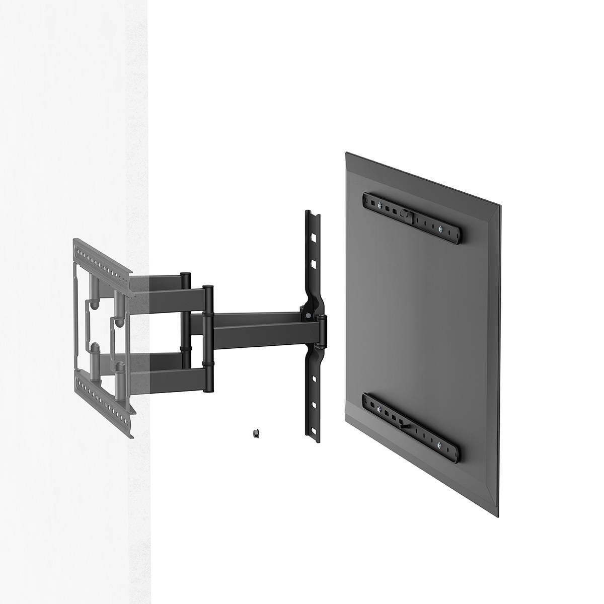 A wall-mounted TV bracket, with a mounted screen that can be swivelled. Ideal for flexible television viewing.