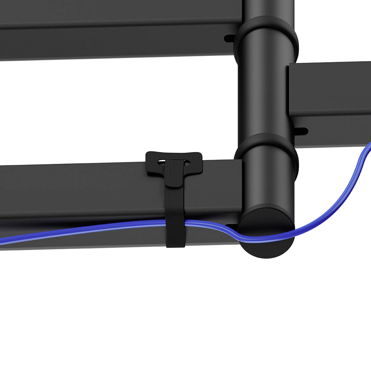 Black cable clip securing a blue cable to a black pipe.