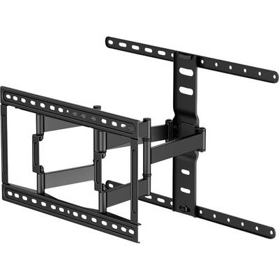 Black, articulating TV wall mount with two arms, suitable for large flat-screen televisions.