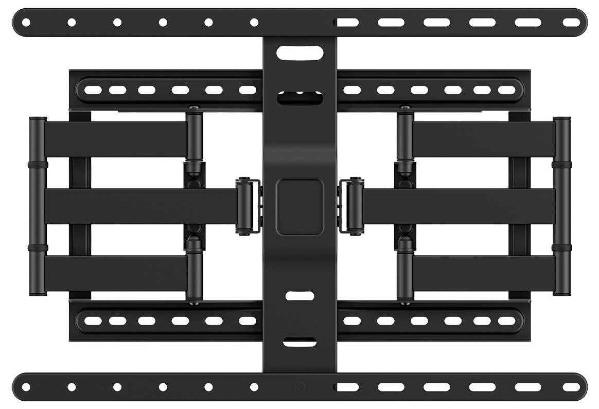 Black, adjustable TV wall mount with two arms and multiple mounting holes for wall-mounting the television.
