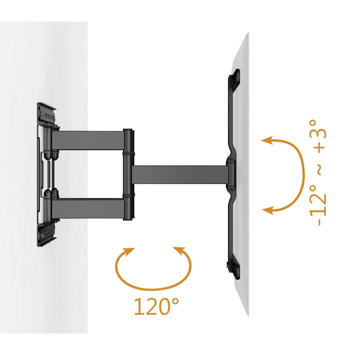 'TV Wall Mount, Adjustable: Swivel and Tilt Function Shown. Rotates up to 120 Degrees, Tilt Range from -12 to +3 Degrees.'