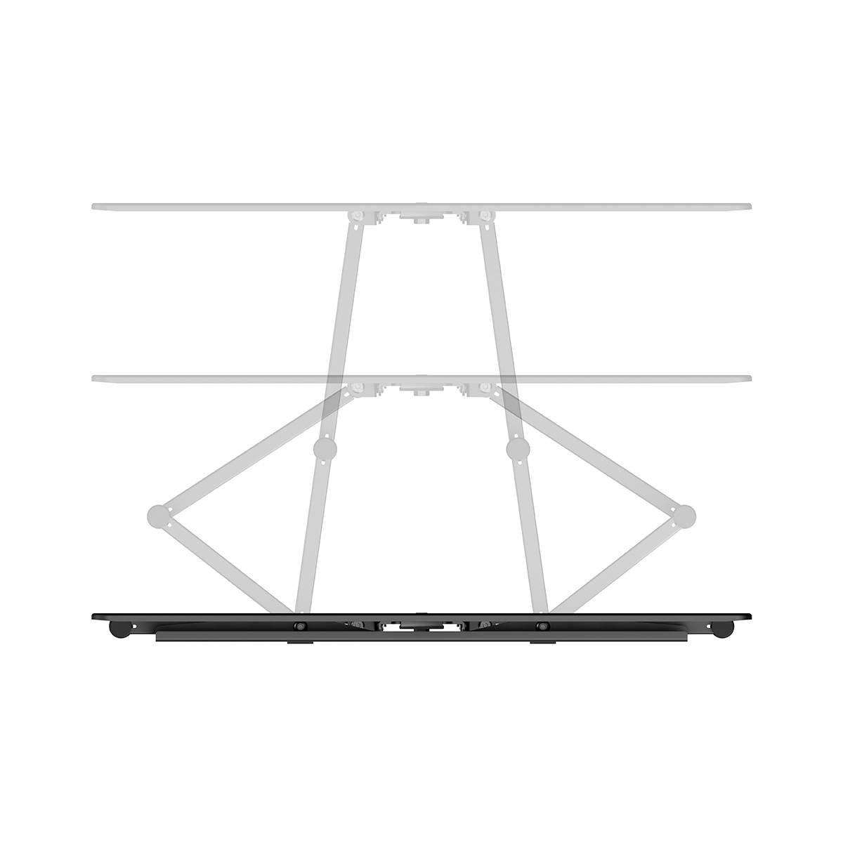 A graphic illustrates an adjustable-height desk mechanism shown in two positions: retracted and extended.