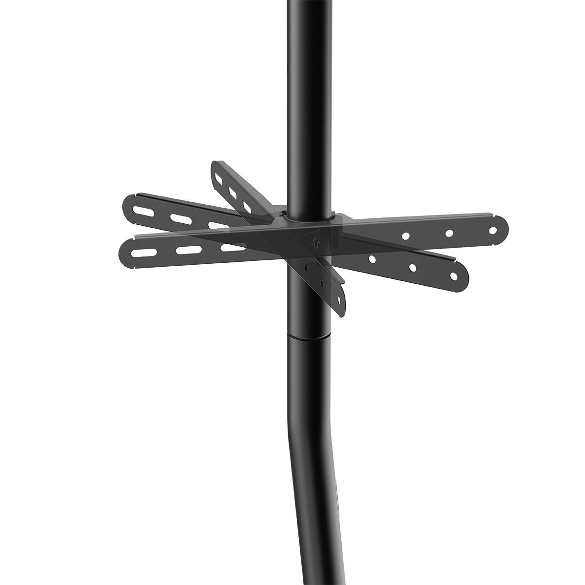 A black metal bracket with multiple perforated struts attached to a vertical pipe.