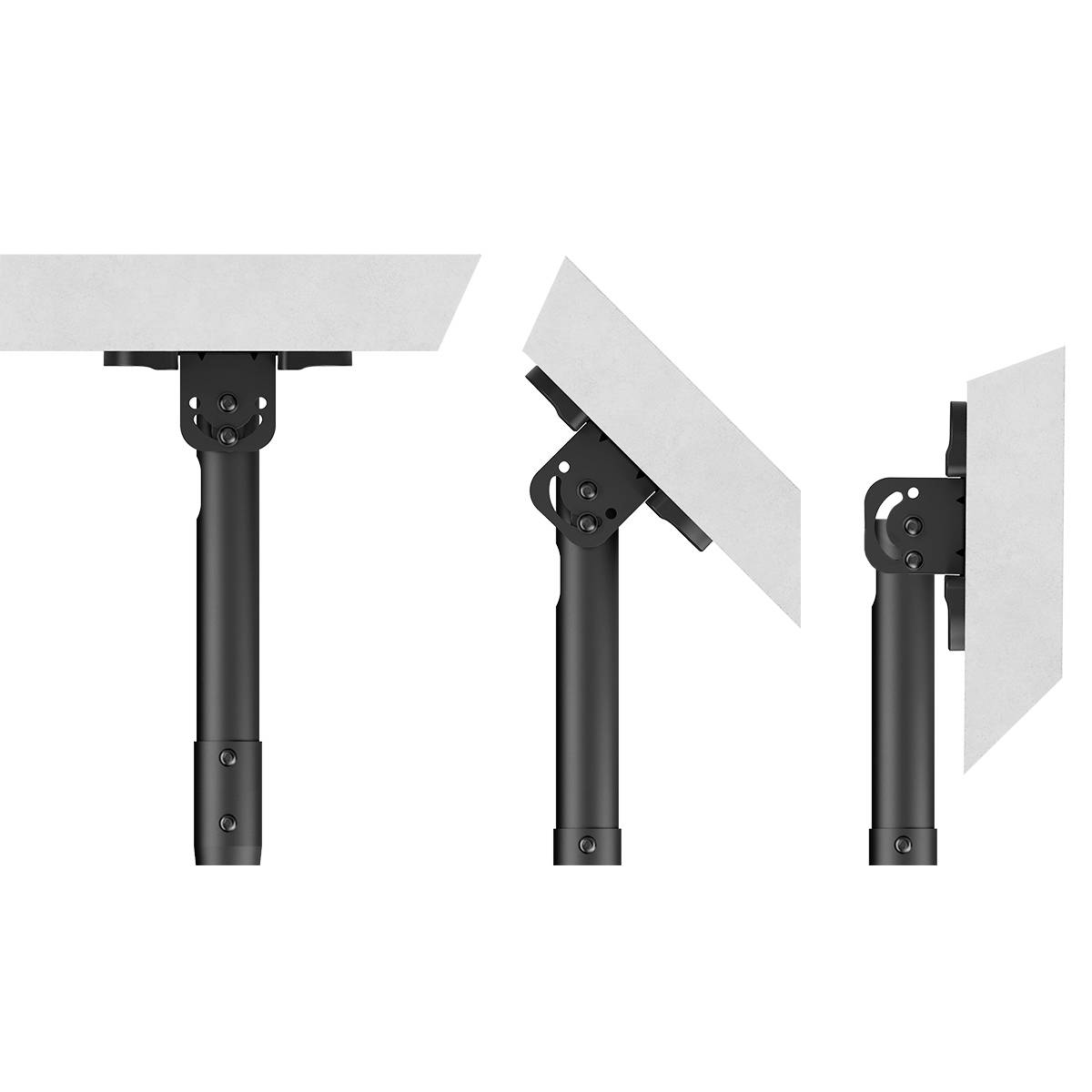 A monitor arm with adjustable tilt and height, shown in three positions: upright, tilted, and to the side, mounted on a desk.