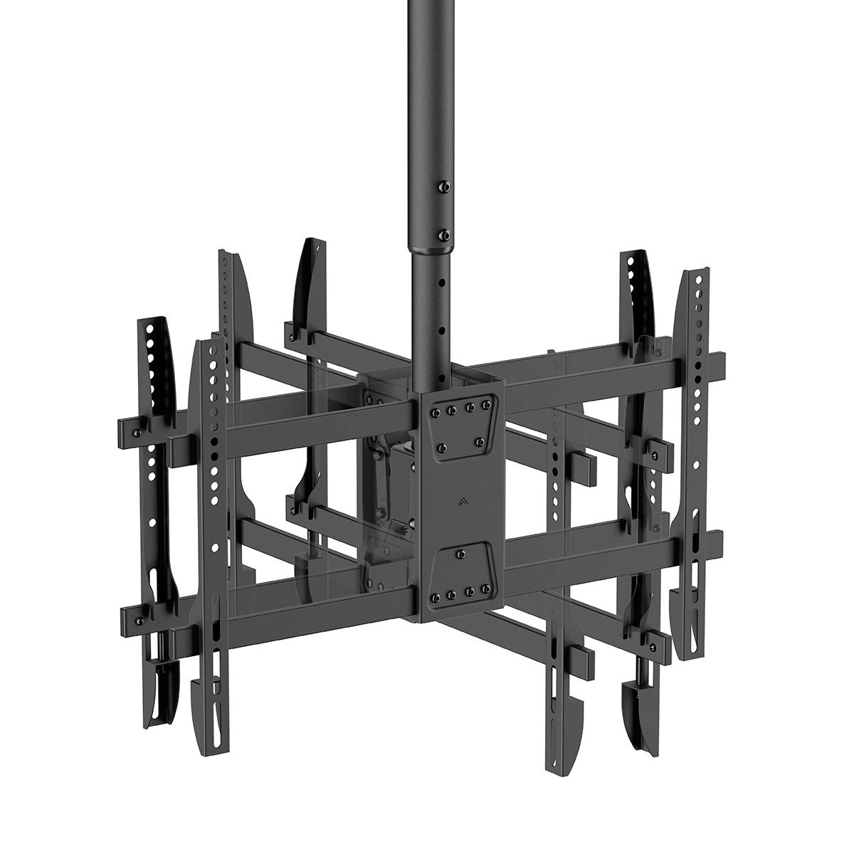 A black ceiling-mounted multi-screen mounting system with adjustable arms and cable management options. Suitable for offices.