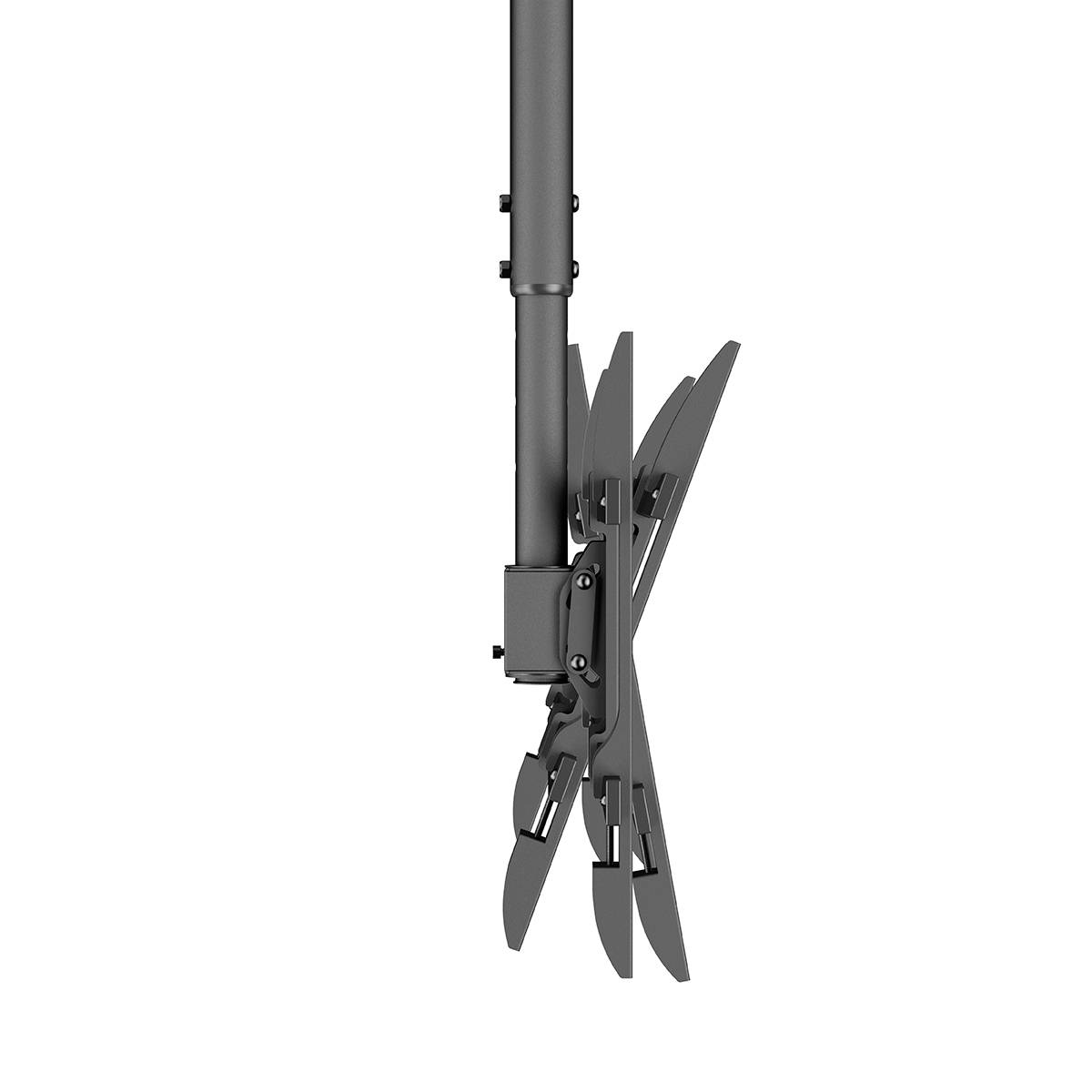 A black TV wall mount viewed from the side demonstrates its swivel and tilt functionality, suitable for flat-screen televisions.