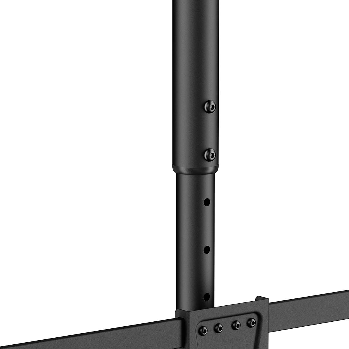 A close-up of an adjustable metal rod on a tripod or stand, with holes for height adjustment.