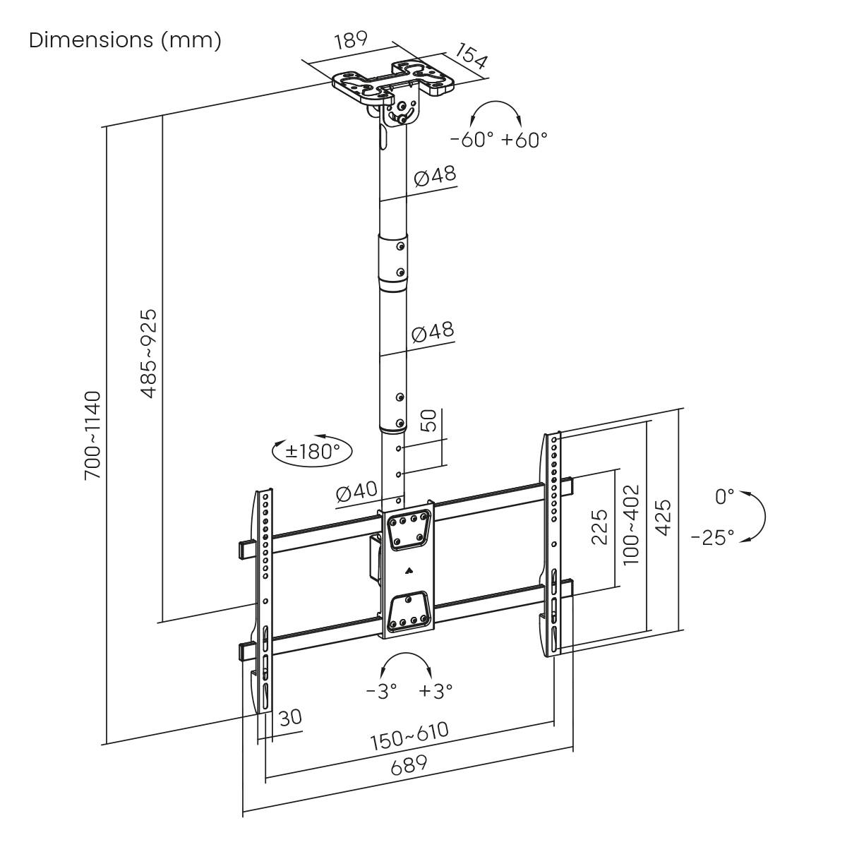 Technical drawing of a ceiling mount with adjustable angles and dimensions in millimetres. Suitable for TV installation.