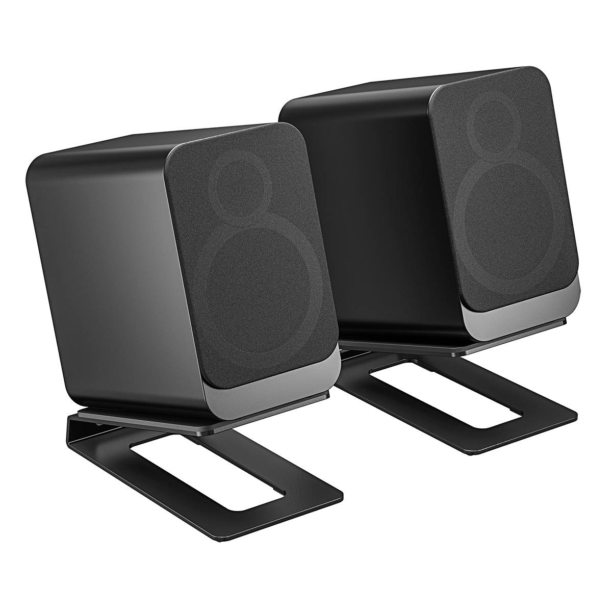 Two black, rectangular speakers with rounded corners, mounted on metallic stands. They are displayed side by side.