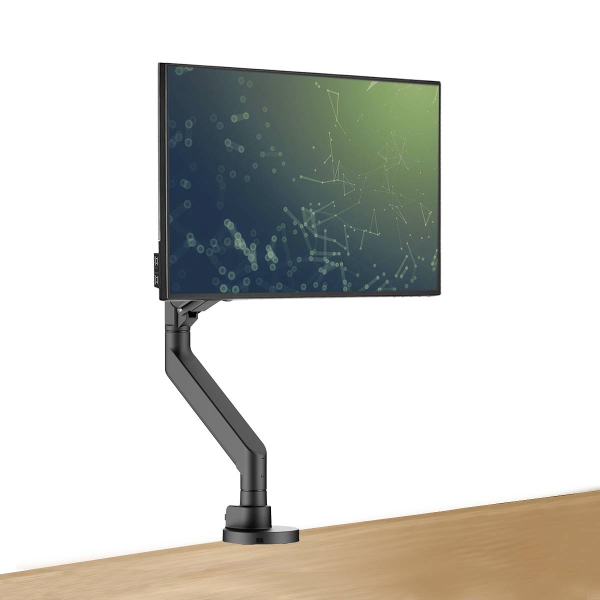 A computer monitor on an adjustable arm stands on a desk. The screen displays a green, abstract pattern.